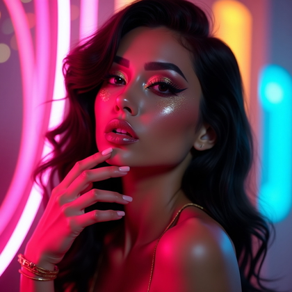 AI-generated photo: Photorealistic beauty portrait photograph. Full glam, ultra-polished beauty portrait with a nightlif...