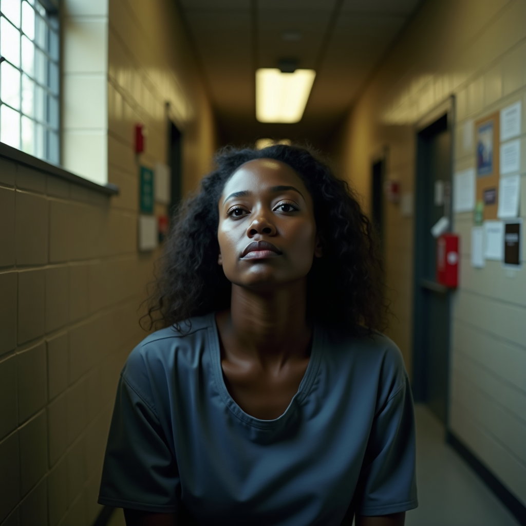 AI-generated photo: Photorealistic prison photography close-up, the subject sits in a dim administrative corridor near a...