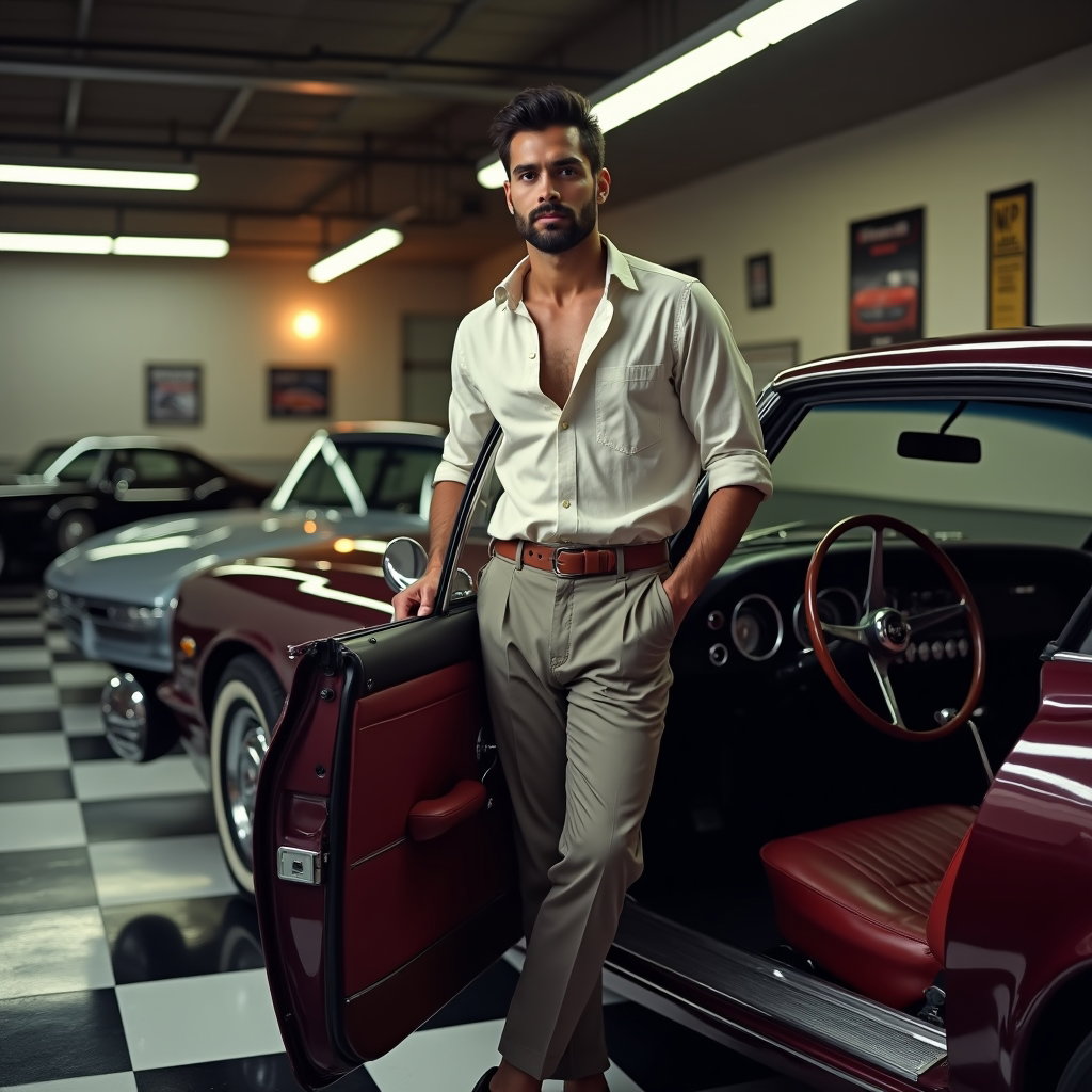 AI-generated photo: Photorealistic lifestyle-automotive photography in a polished classic-car garage with glossy checker...