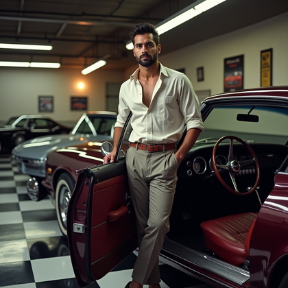 AI-generated photo: Photorealistic lifestyle-automotive photography in a polished classic-car garage with glossy checker...