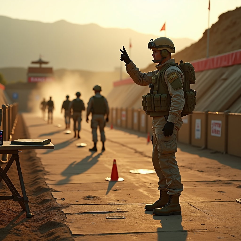 AI-generated photo: Photorealistic military training-day photography. The image captures a dynamic moment on a large, du...