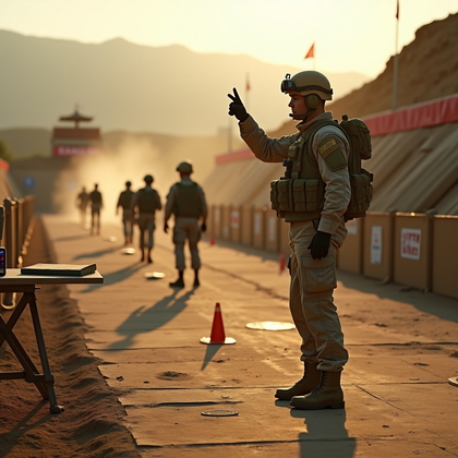 AI-generated photo: Photorealistic military training-day photography. The image captures a dynamic moment on a large, du...