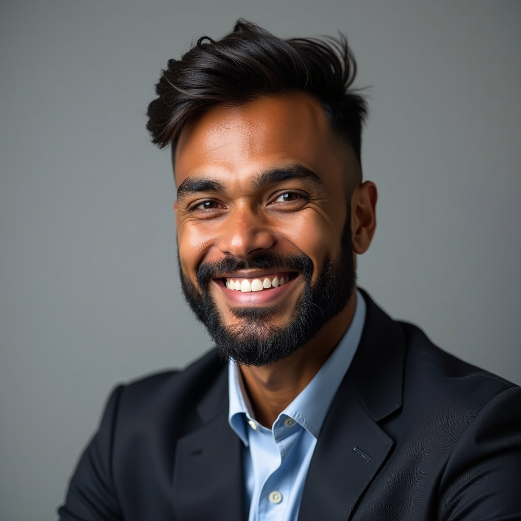 AI-generated photo: Professional headshot: clean, neutral studio setup with a seamless warm gray backdrop, clamshell lig...