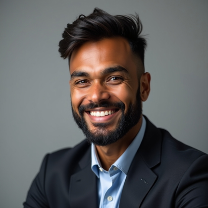 AI-generated photo: Professional headshot: clean, neutral studio setup with a seamless warm gray backdrop, clamshell lig...