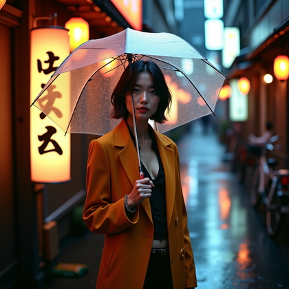 AI-generated photo: Fashion editorial street photography, a visually rich portrait on a narrow Japanese street during st...