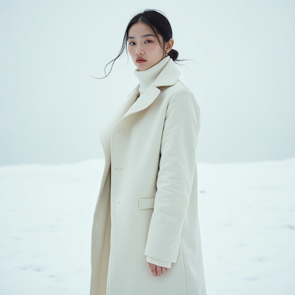 AI-generated photo: Photorealistic fashion editorial photo of a white-on-white minimalist snow scene with the subject in...