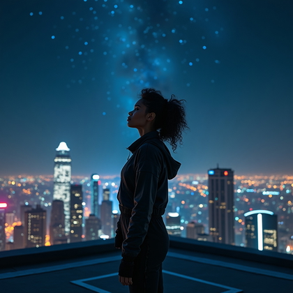 AI-generated photo: Photorealistic lifestyle night portrait. A person stands on a rooftop helipad at night, city skyline...