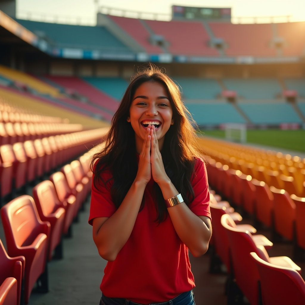 Victory Roar Celebration Portraits example: Photorealistic documentary sports portrait photography. Environmental portrait of the fan standing in a stadium aisle am