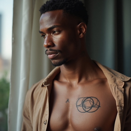 AI-generated photo: Photorealistic photography depicting a 29-year-old man with a minimalist tattoo on his chest. The de...