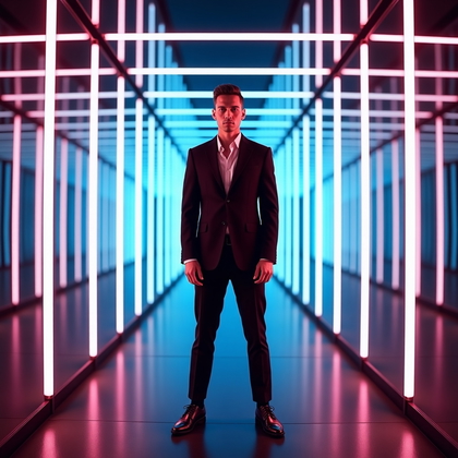 Photorealistic contemporary portrait in an LED infinity tunnel where mirrored walls and continuous light strips converge to a precise vanishing point, the subject centered with a strong, square posture and hands relaxed at the sides. A monochrome, sharply tailored outfit reflects subtle gradients of cyan-to-magenta light, while the face is cleanly illuminated with crisp catchlights and a composed, self-assured expression. Symmetry is exact, floor reflections enhance depth, and the overall look is sleek, modern, and hyper-polished.