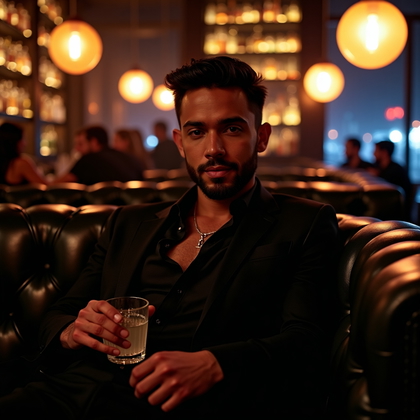 Photorealistic cinematic nightlife portrait photo in a dim speakeasy booth, subject leaning back against tufted leather with shoulders squared and chin subtly lifted, one arm draped along the backrest and the other holding a lowball glass near the chest. Warm pools of light from table lamps sculpt the face, while a cool blue edge light from the dance floor separates the silhouette for an editorial finish. A light haze in the room blooms the practicals and adds a glossy, cinematic sheen without softening facial clarity. Compose mid-torso up from slightly below eye level for presence, guiding the gaze to camera with a faint, knowing smile. Background patrons and bottle-lined shelves fall into tasteful blur, with prism-like bokeh from glassware adding sparkle to the scene. Wardrobe is sleek eveningwear with clean lines and minimal accessories for timeless allure suitable for premium dating profiles.