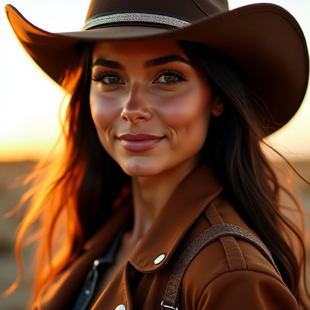 AI-generated photo: Photorealistic fashion portrait, a tight cowboy-inspired close-up with a crisp smirk, tilted hat bri...
