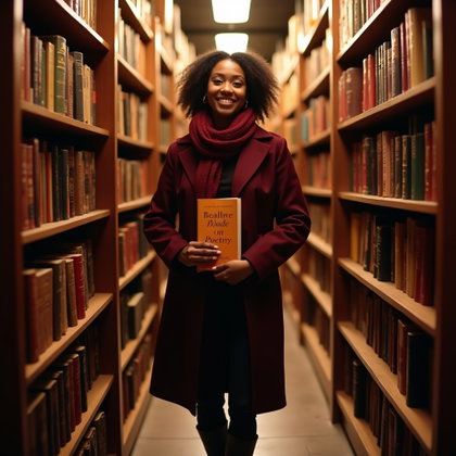 Romantic Close-Up With Loose Hair and Tired Eyes example: Dating profile photo, full-body portrait standing in a narrow bookshop aisle, face clearly visible as the subject holds