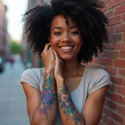 AI-generated photo: Photorealistic photography featuring a woman in an urban setting with a vibrant watercolor-style tat...