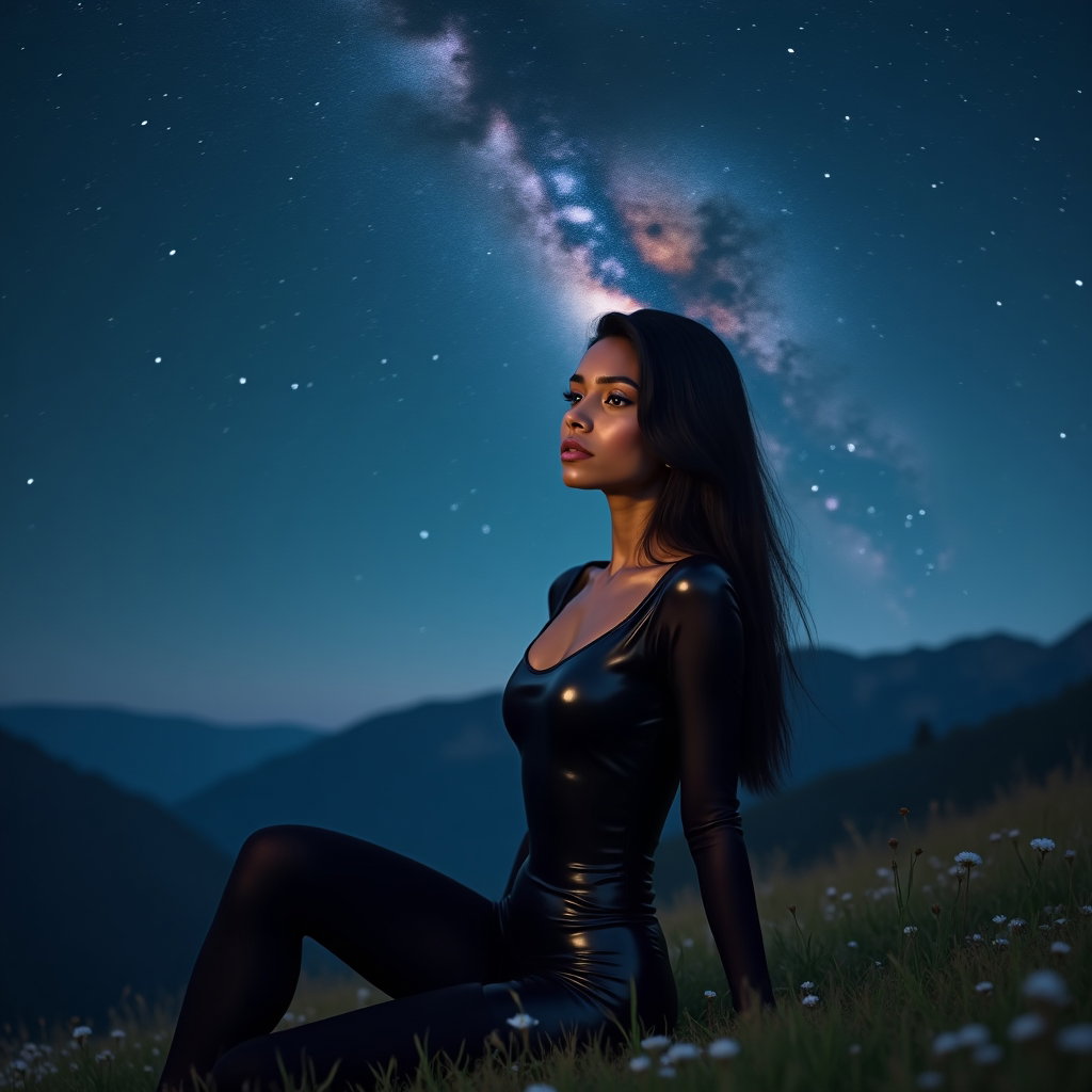 AI-generated photo: Photorealistic astro portrait photograph, a seated pose in a mountain meadow with the subject turned...