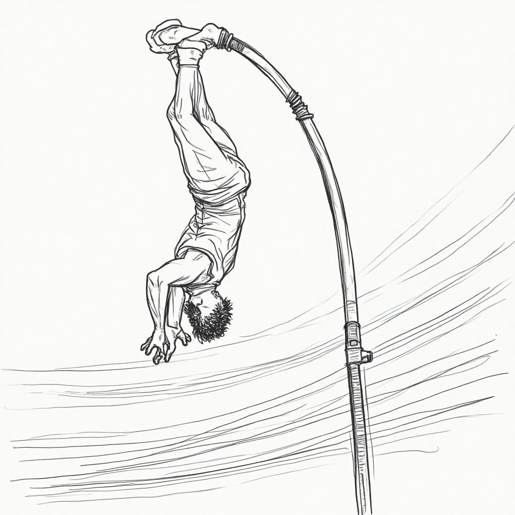 AI-generated photo: **Line Art Illustration.** The scene features a person performing an athletic pole vault, captured m...