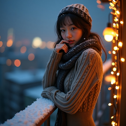 AI-generated photo: Photorealistic winter lifestyle photo: On a snow-sparkled city balcony at night with warm fairy ligh...