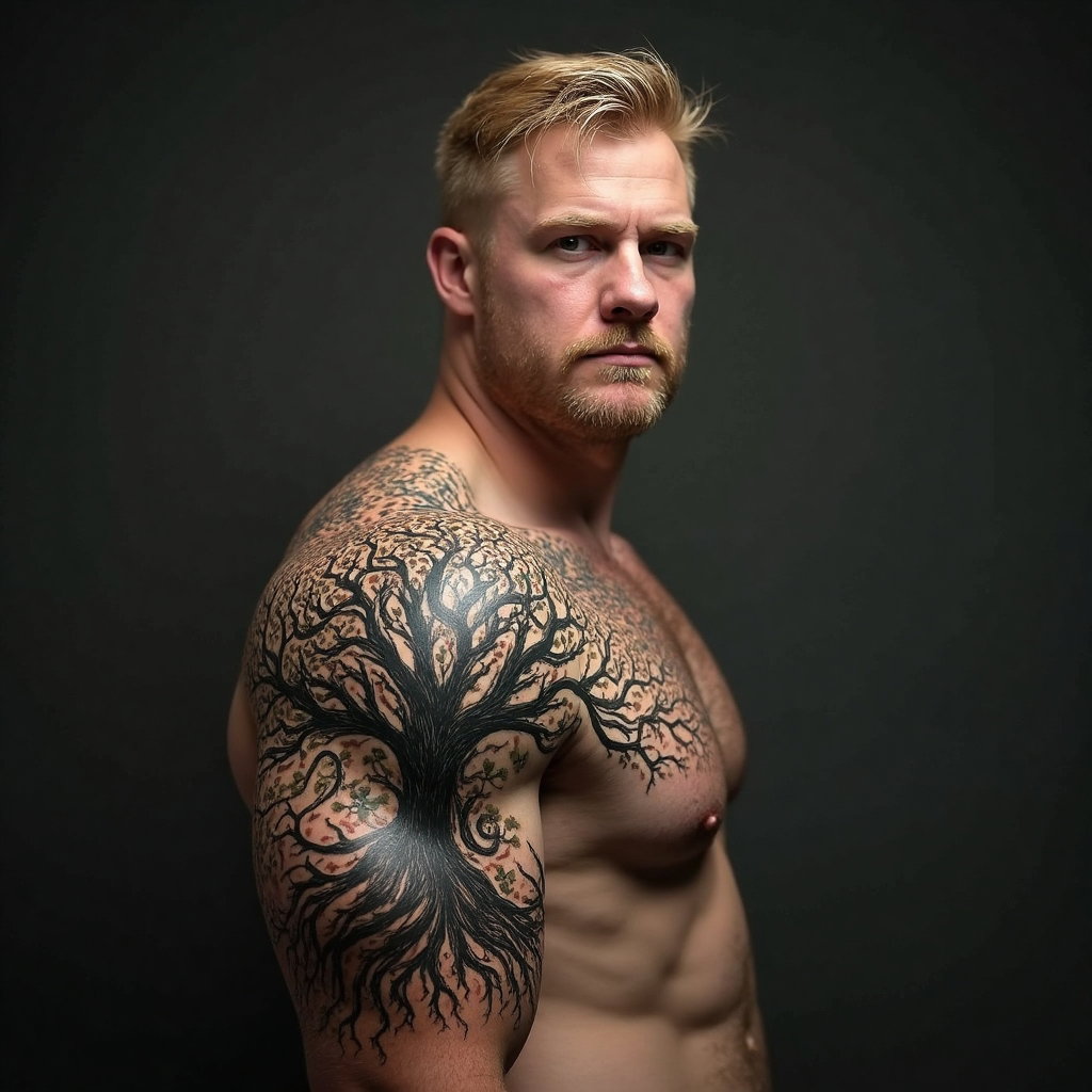 AI-generated photo: Photorealistic photography featuring a man with a traditional Norse-themed tattoo on his right shoul...