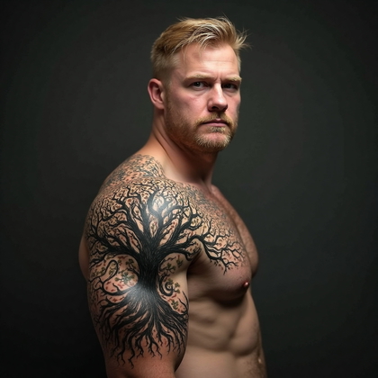AI-generated photo: Photorealistic photography featuring a man with a traditional Norse-themed tattoo on his right shoul...