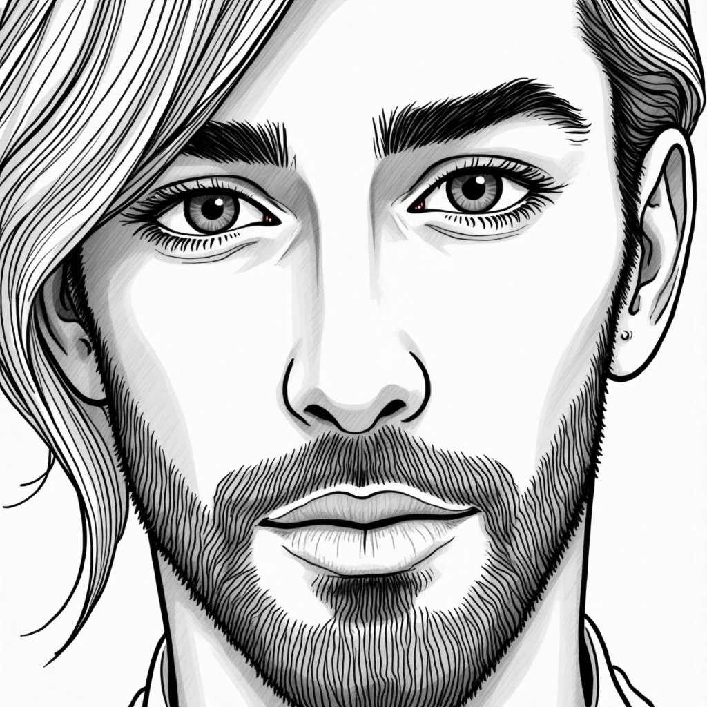 AI-generated photo: Line art illustration. An elegant close-up illustration that highlights facial details through fluid...