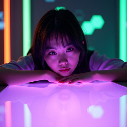 AI-generated photo: Photorealistic neon gel portrait photography. Medium close-up of the subject leaning forward toward ...