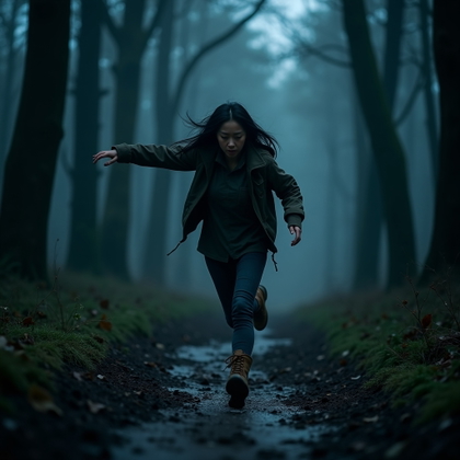 Forest Chase Over-the-Shoulder Portrait example: Cinematic horror full-body portrait photo. The subject is captured sprinting down a muddy forest path while twisting bac