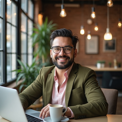 AI-generated photo: Professional headshot within a relaxed lifestyle setting in a trendy co-working space. The individua...