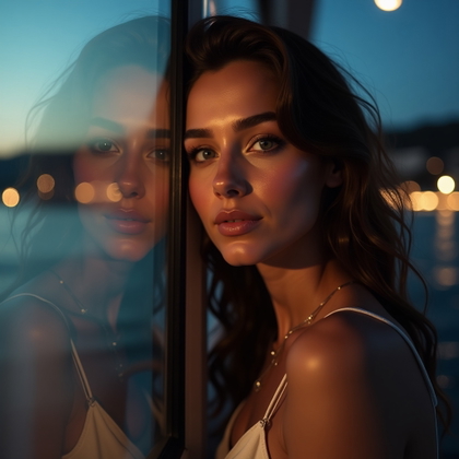 Elegant Waterfront Evening Portraits example: Photorealistic creative portrait photography. Unexpected reflective evening portrait using a yacht window or polished ma