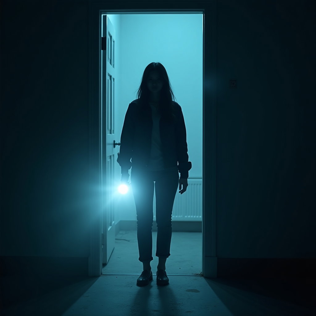 Flashlight-in-the-Dark Hallway Portrait example: Cinematic horror movie poster photo designed as an editorial hero image, with the subject centered in a doorway holding