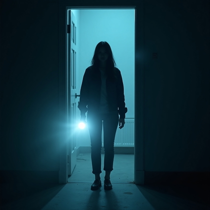 Flashlight-in-the-Dark Hallway Portrait example: Cinematic horror movie poster photo designed as an editorial hero image, with the subject centered in a doorway holding