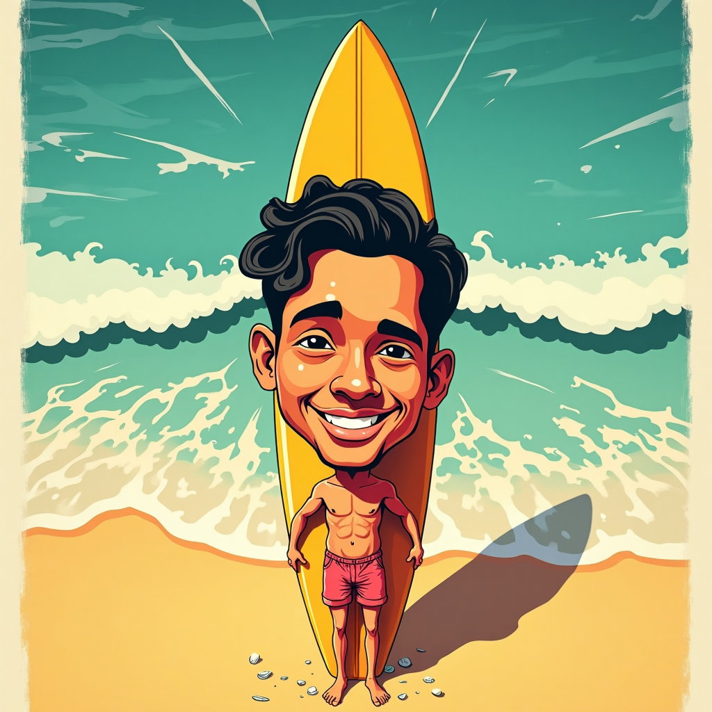 AI-generated photo: Silkscreen caricature poster at a sunlit beach shoreline, composed from a lifeguard-tower vantage st...