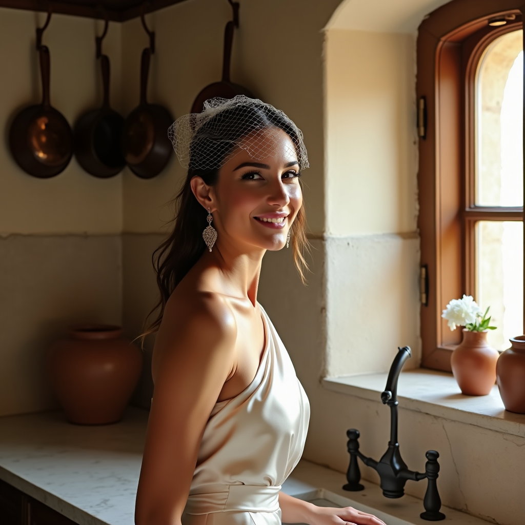 AI-generated photo: Photorealistic window‑light bridal portrait photography in a Tuscan farmhouse kitchen, a small arche...