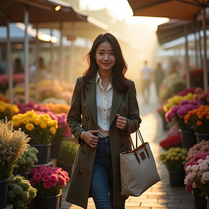 Photorealistic photography at a flower market just after dawn, misting nozzles drifting a fine haze through stalls stacked with saturated dahlias, ranunculus, and eucalyptus bundles; the subject walks mid-aisle with face fully visible, one hand resting near a canvas tote and the other lightly adjusting a tailored coat lapel, gaze meeting the lens with a casually flirtatious confidence. Backlight from the rising sun turns the mist into a soft halo while a bounce board lifts shadows for crisp, flattering clarity. Diagonal canopy lines and crates of blooms form leading lines that pull focus straight to the subject’s expression, with shallow depth of field transforming petals into creamy, luminous bokeh.