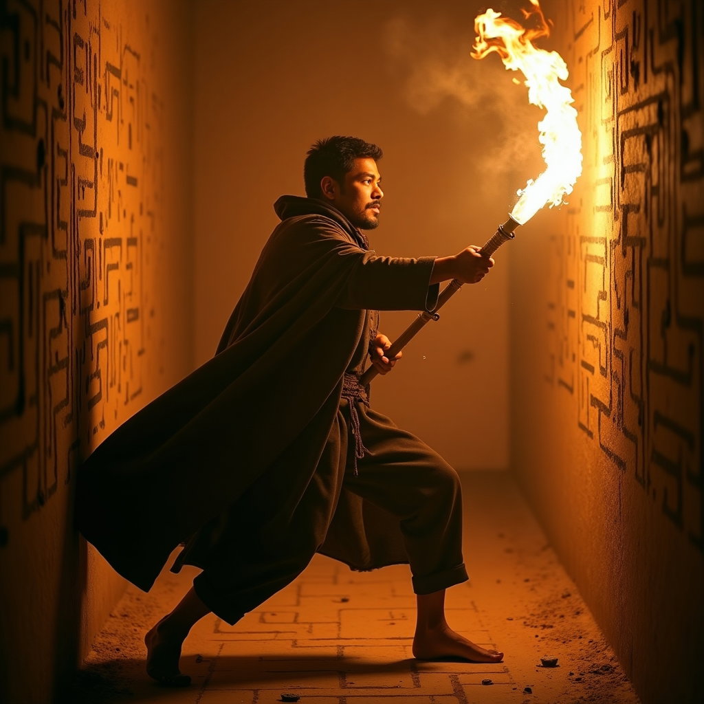Solo Theseus Labyrinth Torch-Bearer Portrait example: Cinematic mythological portrait photography, motion/action portrait of the torch-bearer turning sharply at a labyrinth c