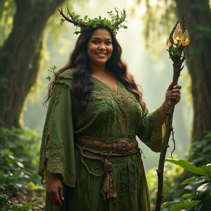 AI-generated photo: Fantasy character photo depicting a mystical forest guardian adorned in an earthy, organic ensemble....