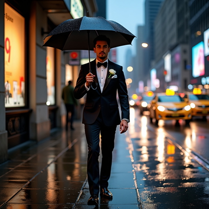 AI-generated photo: Photorealistic wedding portrait photography on a rain-glossed city sidewalk at night, subject walkin...