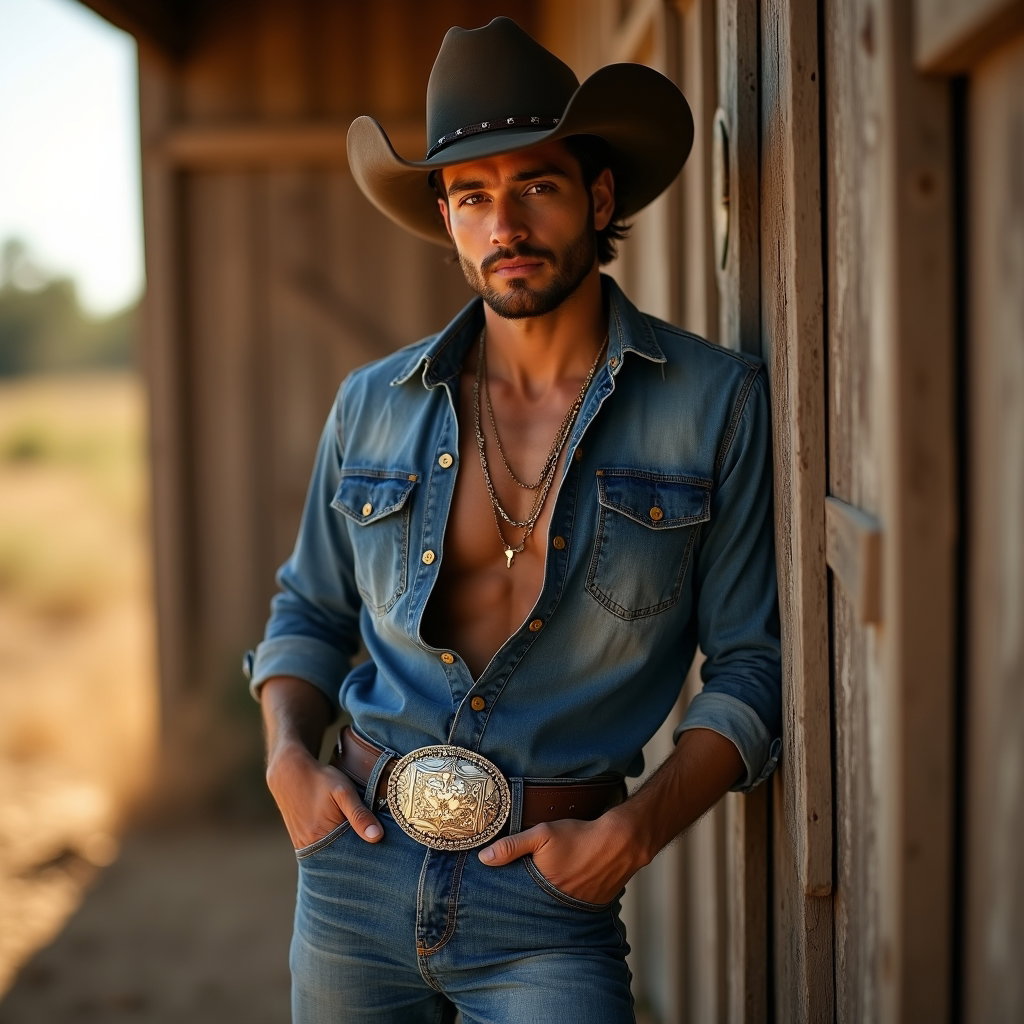 AI-generated photo: Photorealistic fashion photography, a rugged cowboy leans against a weathered barn wall with an open...