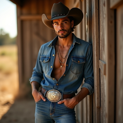 AI-generated photo: Photorealistic fashion photography, a rugged cowboy leans against a weathered barn wall with an open...