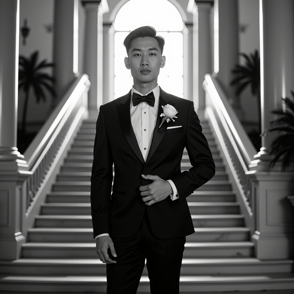 AI-generated photo: Photorealistic black-and-white on-location wedding portrait. Framed in a grand hotel lobby with marb...