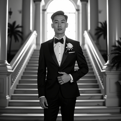 AI-generated photo: Photorealistic black-and-white on-location wedding portrait. Framed in a grand hotel lobby with marb...