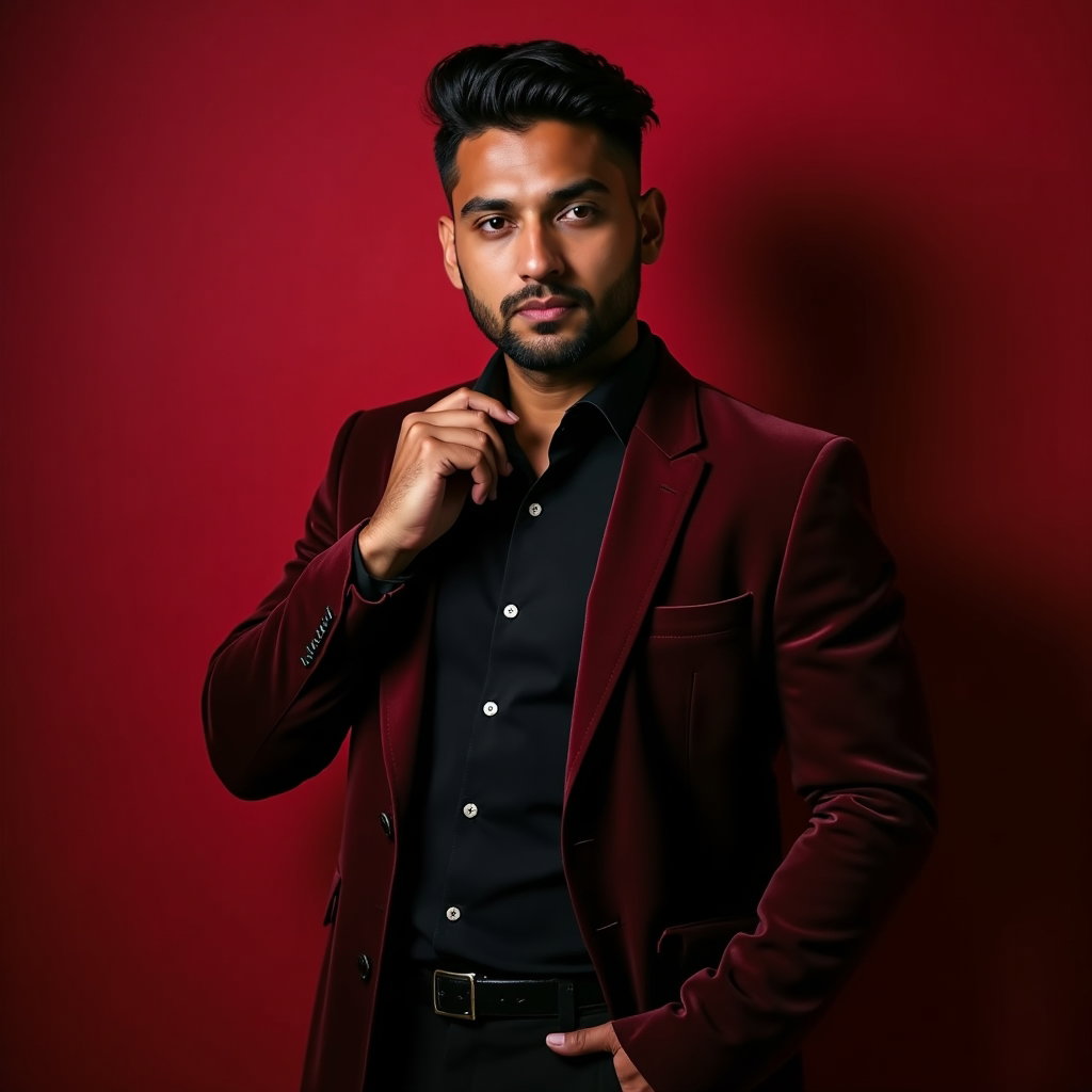 Simple Crimson Wall Half-Body Portrait example: Dating profile photo. Editorial hero image with the subject centered against a rich crimson wall, posed half-body with o