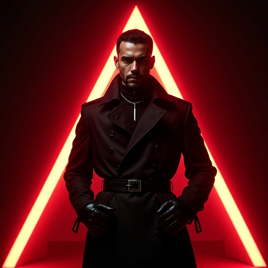 Dark Studio Silhouette Hunter Portrait example: Photorealistic dark fantasy portrait photography. Editorial hero portrait with the subject centered inside a glowing tri