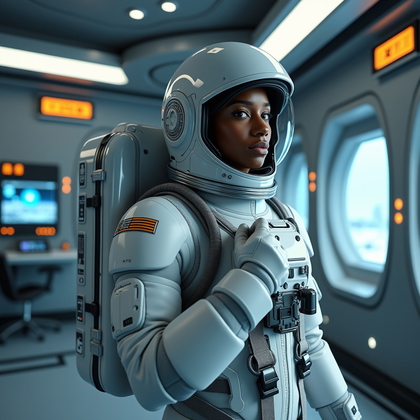 AI-generated photo: Photorealistic sci-fi editorial portrait photography. The concept shows a moon base crew member in a...