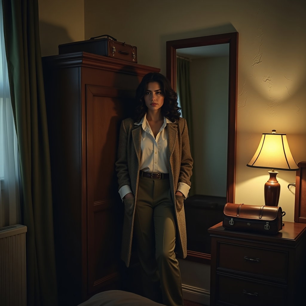 Old Hotel Room: Moody three-quarter portrait of a single subject leaning against a faded hotel-room wardrobe near a tall mirror, one shoulder draped with a…