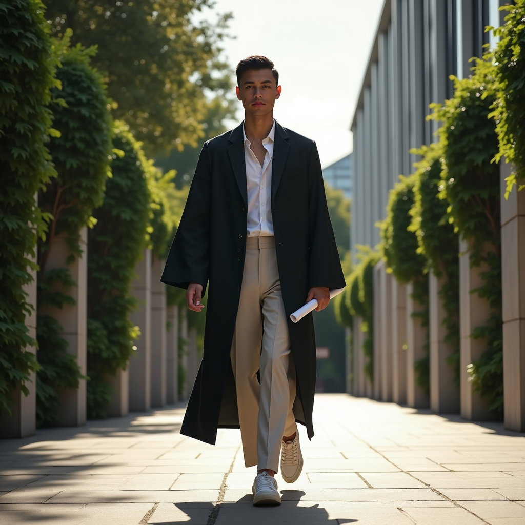 AI-generated photo: Fashion editorial photography, a sophisticated graduation portrait staged in an urban campus setting...