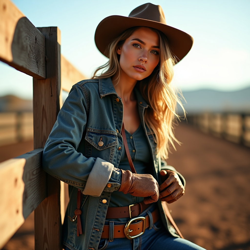 AI-generated photo: Photorealistic fashion photography. A high-impact cowboy workwear portrait captured during active ra...