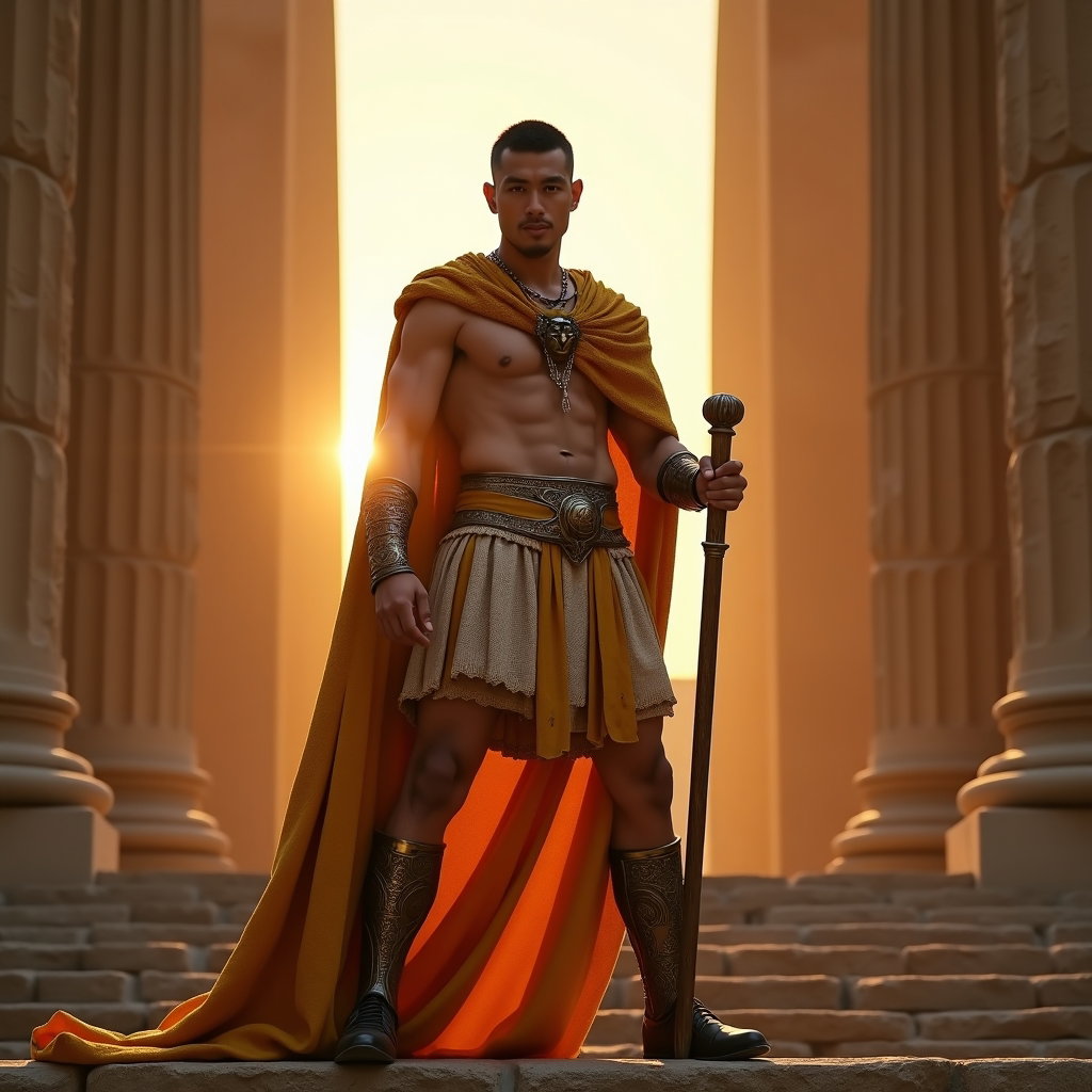 Solo Hercules Lion-Cloak Power Portrait example: Cinematic mythological portrait photography. A full-body power pose on ancient temple steps, lion cloak flowing over a s