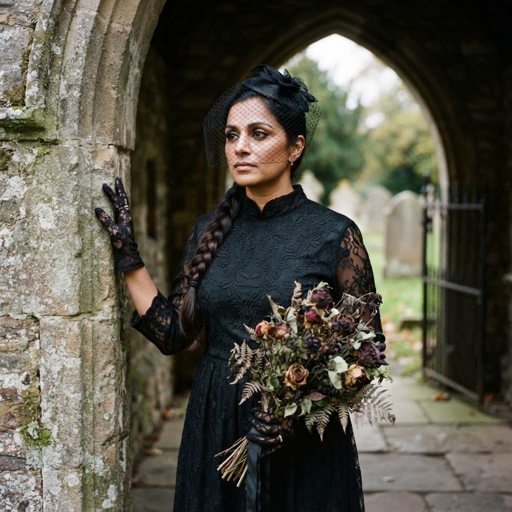 Gothic Bride Beneath a Cemetery Arch: Three-quarter portrait beside the inner wall of an old cemetery arch.