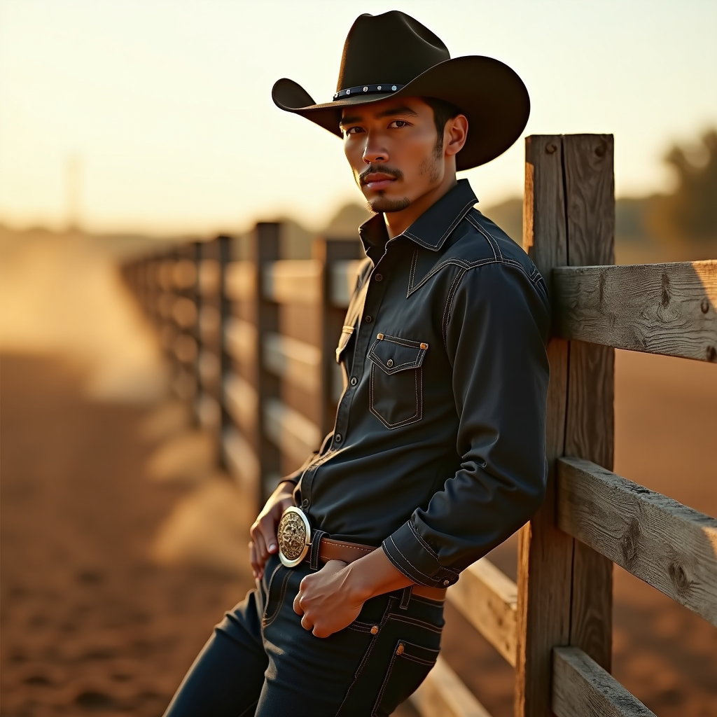 AI-generated photo: Photorealistic fashion photography, an alluring fence-lean country attitude image set beside a long ...