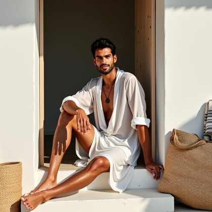 Soft White Swim Cover-Up Portrait example: Photorealistic environmental beach portrait photography. The subject leans casually against a whitewashed cabana doorway